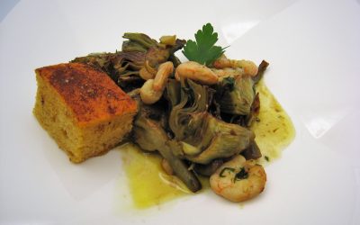Alcachofas con gambas al ajillo
