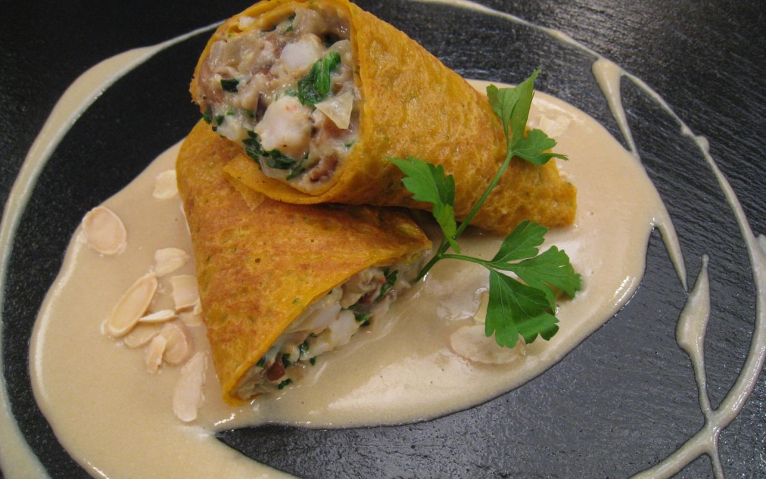 Crepes de gambas, espinacas y setas
