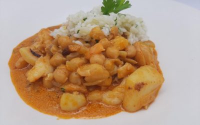 Choco, langostinos y garbanzos