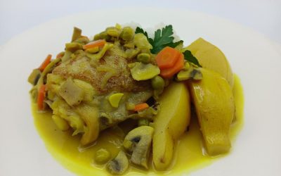 Pollo a la jardinera con membrillos