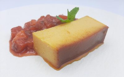 Pudin de melocotones en almíbar