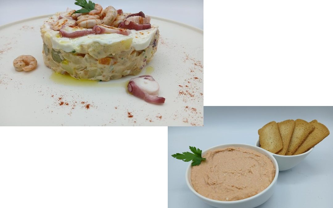 Ensaladilla de pulpo y gambas al ajillo
