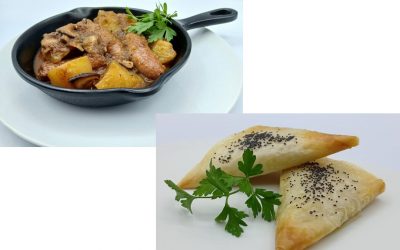 salchichas y samoas de gambas