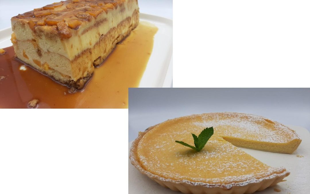 Pudin y tarta de melocotones