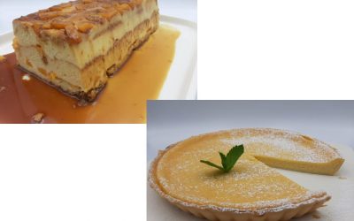 Pudin y tarta de melocotones